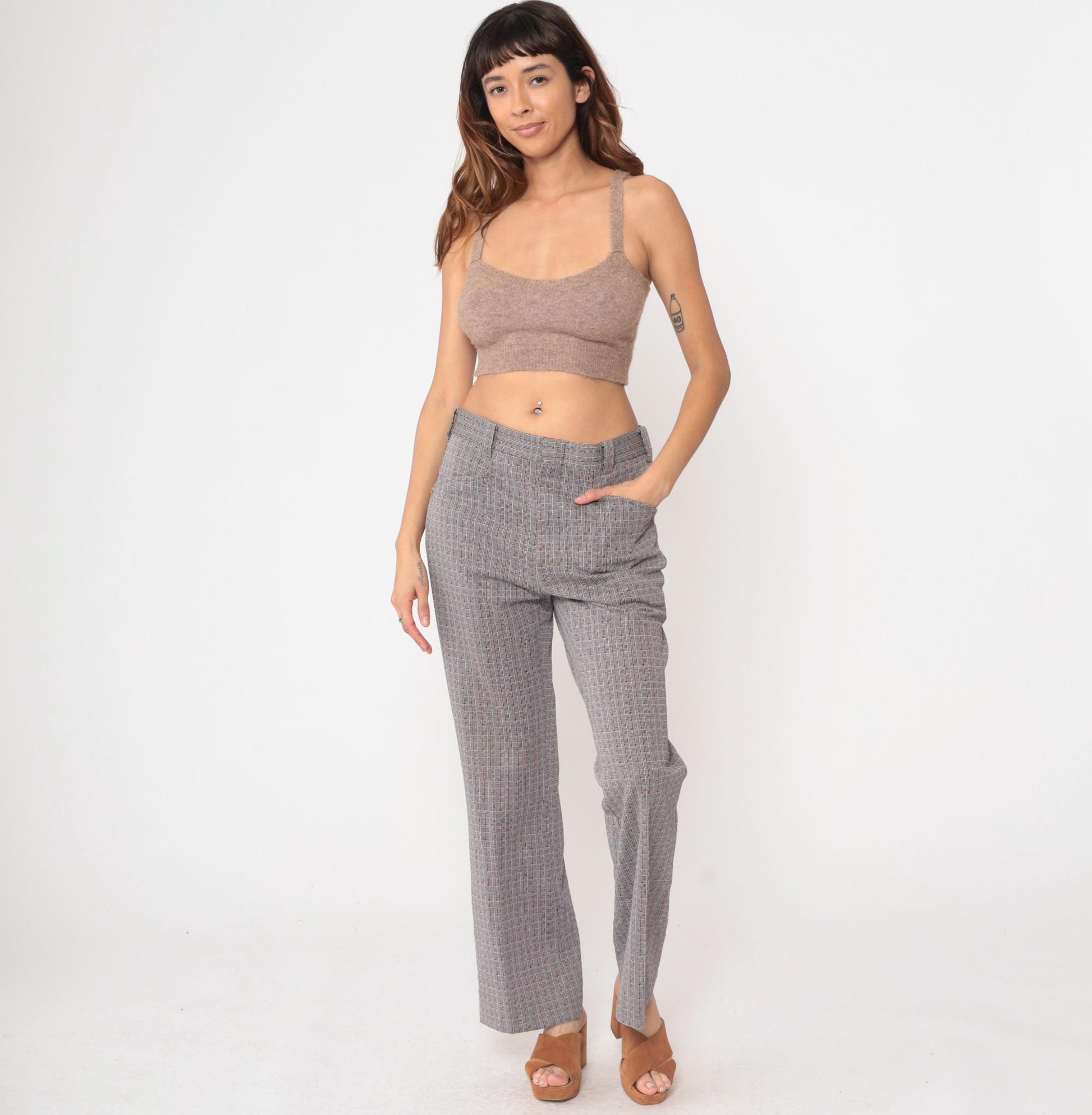 70s Grey Plaid Straight Leg Trousers High Waisted Checkered Cotton Blend Medium M