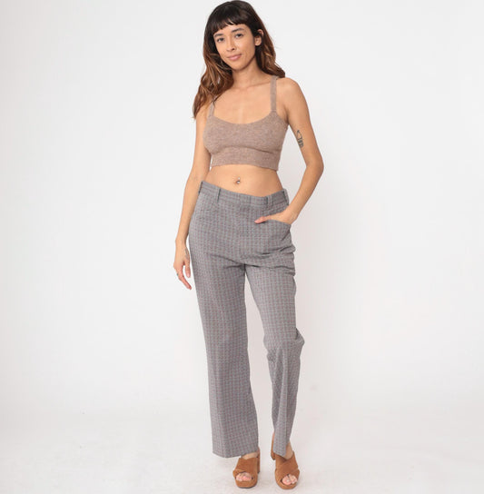 70s Grey Plaid Straight Leg Trousers High Waisted Checkered Cotton Blend Medium M