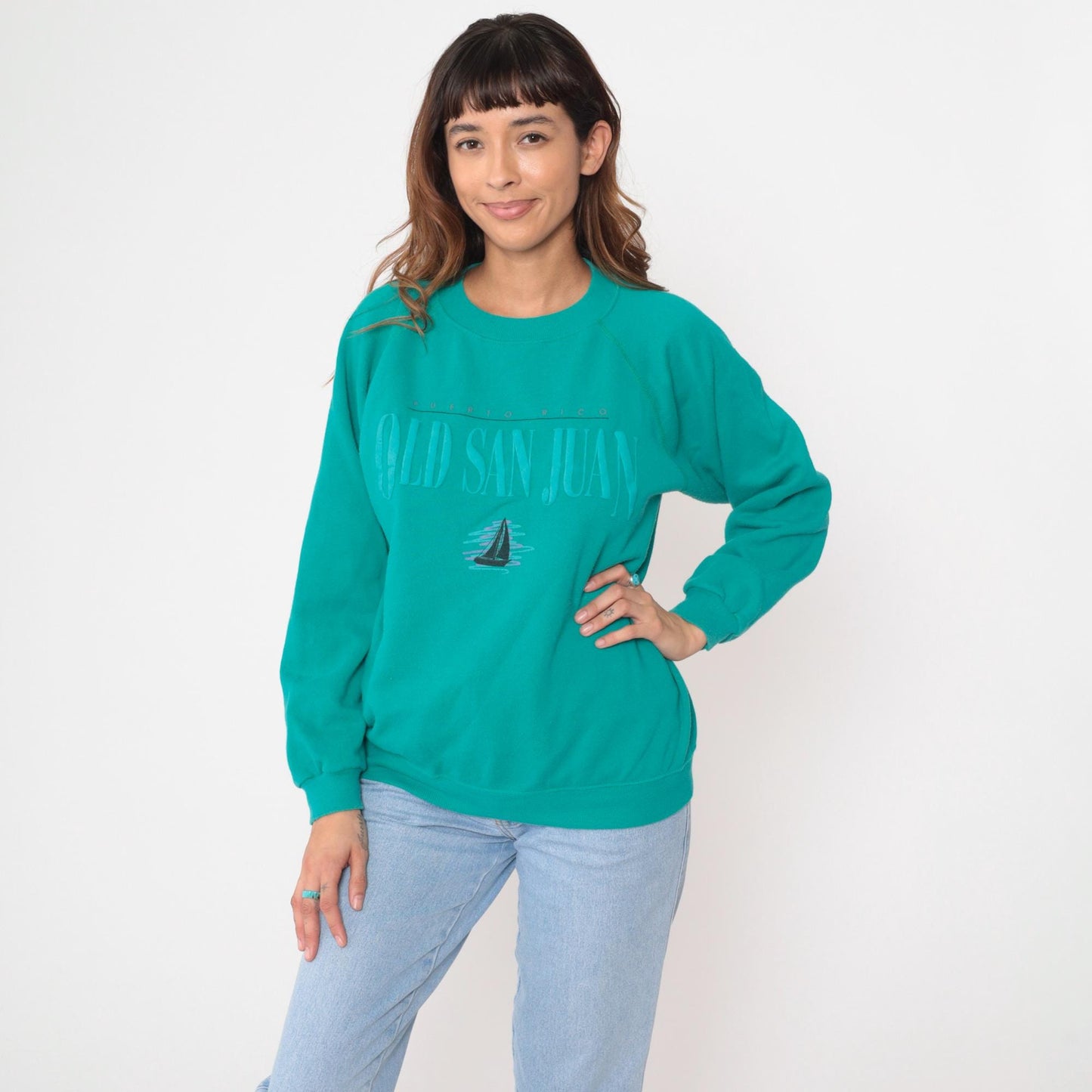 90s Hanes Turquoise Old San Juan Sailboat Raglan Sweatshirt Large L