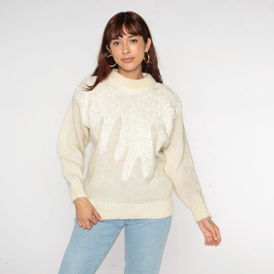 80s Cream Lace Soutache Sweater Fuzzy Knit Pullover Medium M