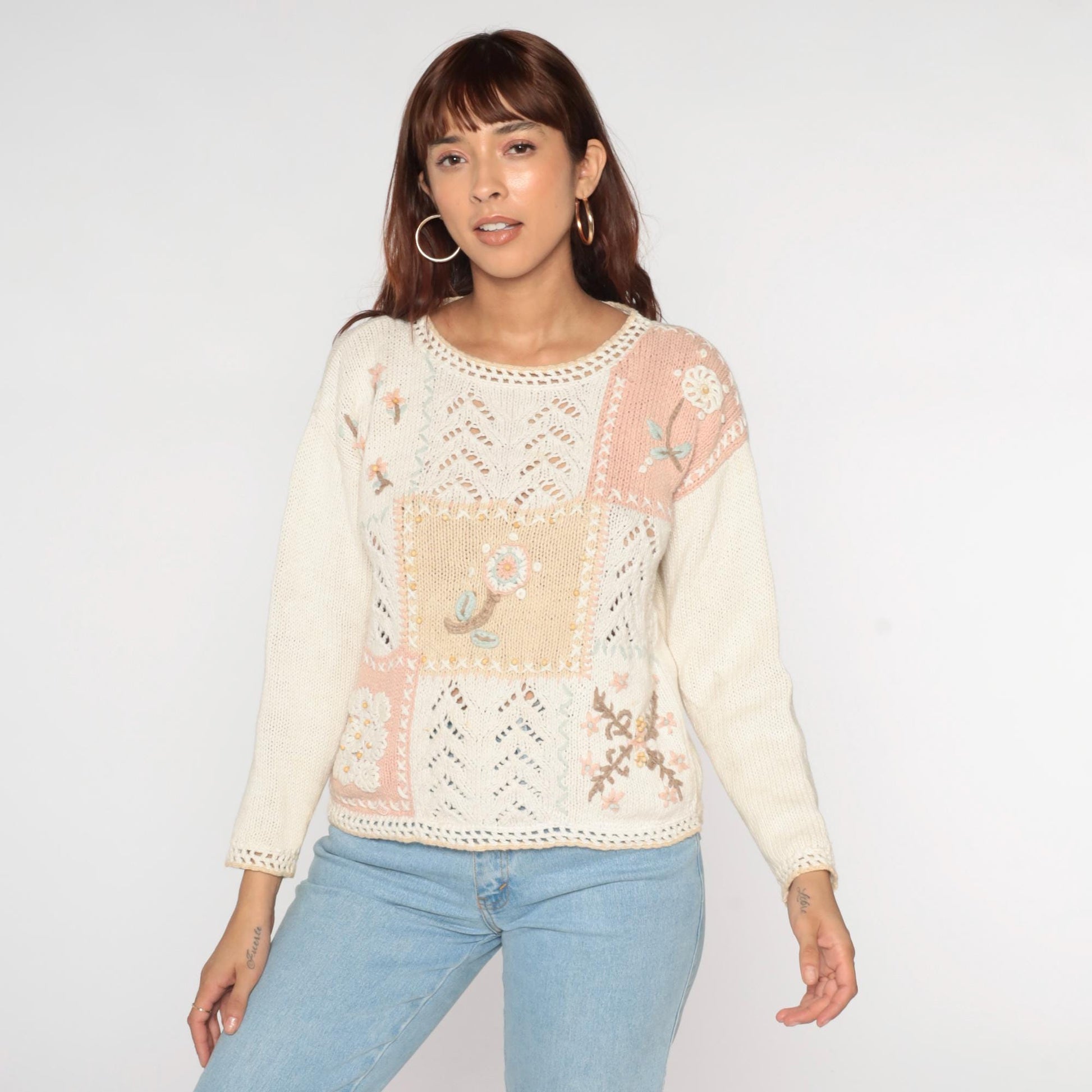 90s Erika Petites Floral Embroidered Openwork Sweater Ecru Small
