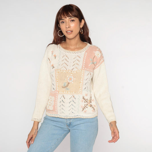 90s Erika Petites Floral Embroidered Openwork Sweater Ecru Small