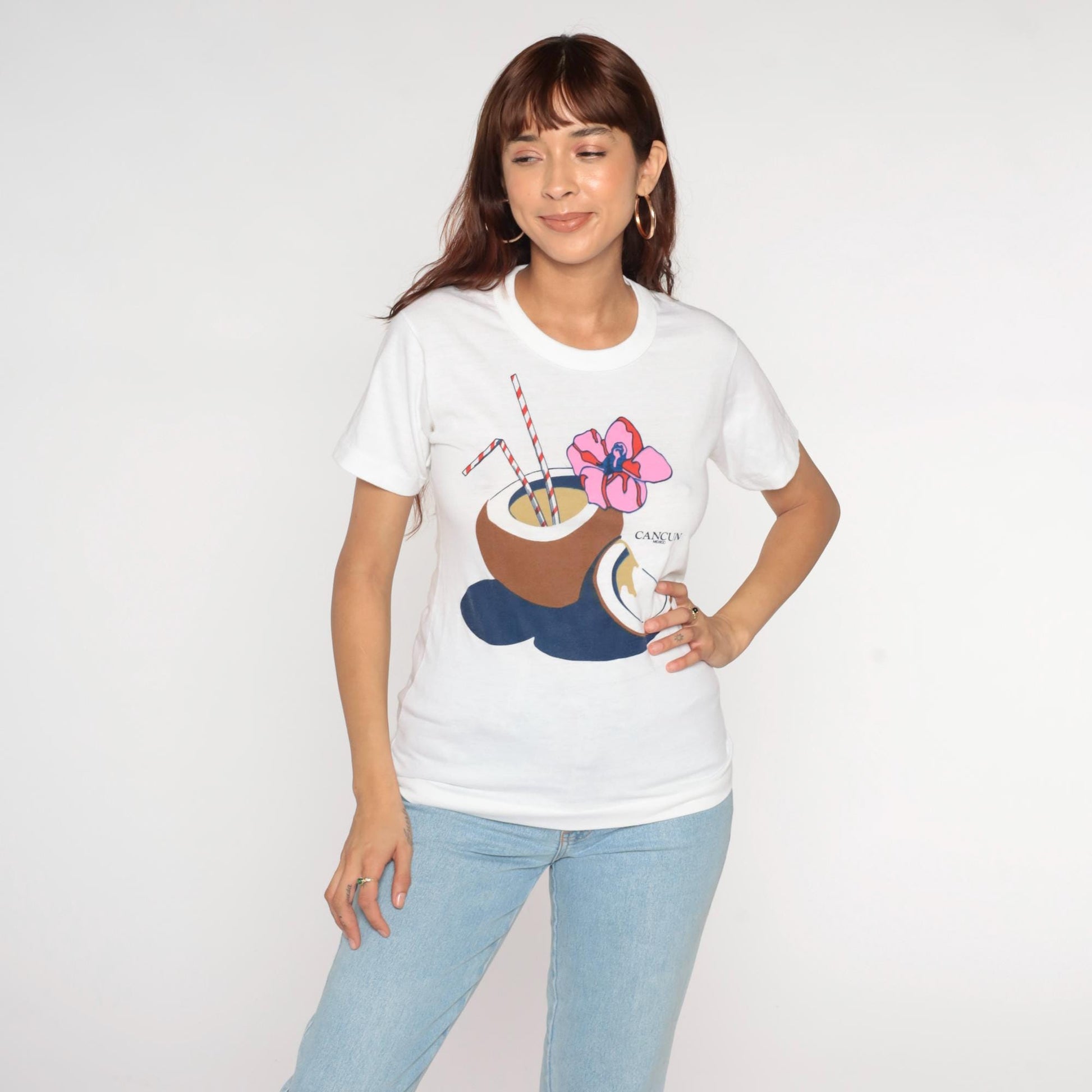 80s Cancun Mexico Tropical Coconut Graphic T-Shirt White Single Stitch XS