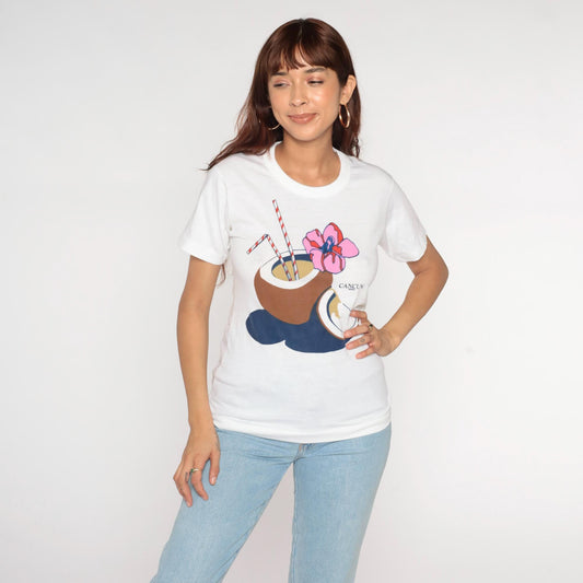 80s Cancun Mexico Tropical Coconut Graphic T-Shirt White Single Stitch XS