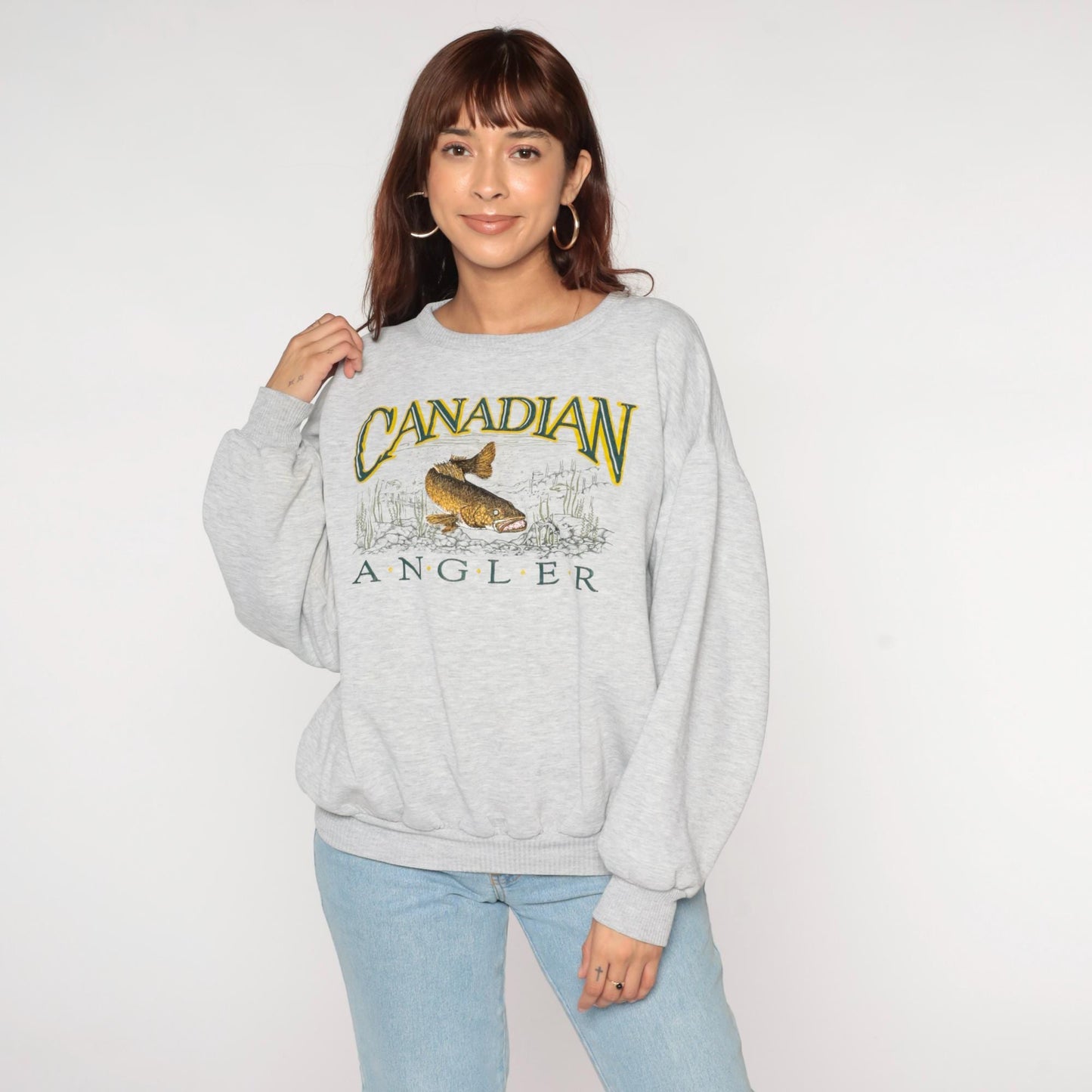 90s Canadian Angler Embroidered Fish Sweatshirt Grey Crewneck Extra Large XL