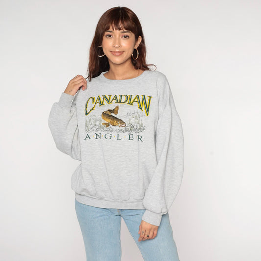 90s Canadian Angler Embroidered Fish Sweatshirt Grey Crewneck Extra Large XL