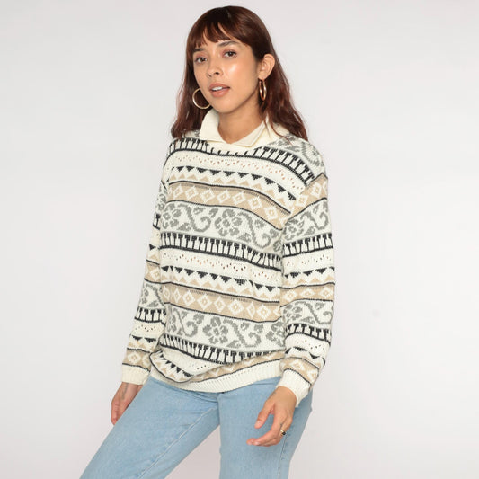 90s Alfred Dunner Geometric Floral Cream Collared Knit Sweater Medium M