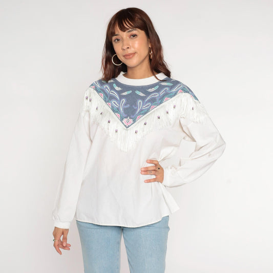 90s Southwest Fringe Long Sleeve T-Shirt White Beaded Yoke Paisley Large