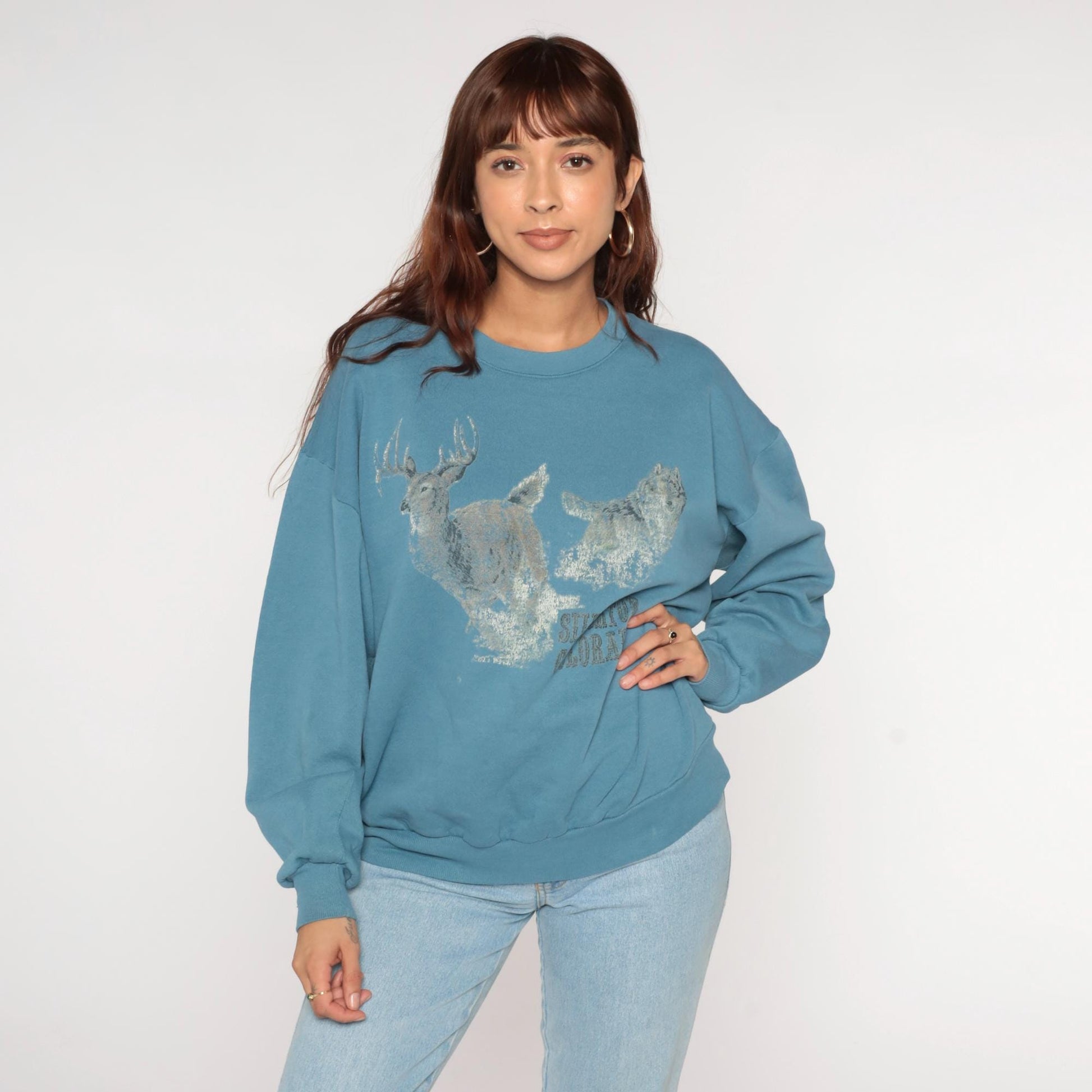 90s Silverton Colorado Wolf Deer Graphic Sweatshirt Blue Crewneck Extra Large