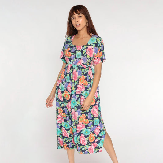 90s Diane Von Furstenberg Floral Empire Waist Midi Dress Navy Square Neck Extra Small