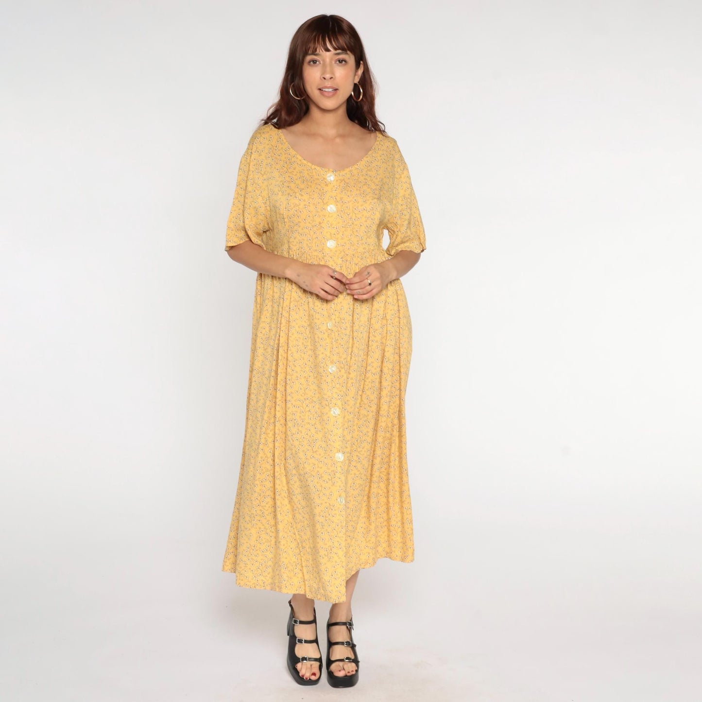 90s Yellow Floral Button-Up Shirtdress Rayon Maxi Ankle Length Medium