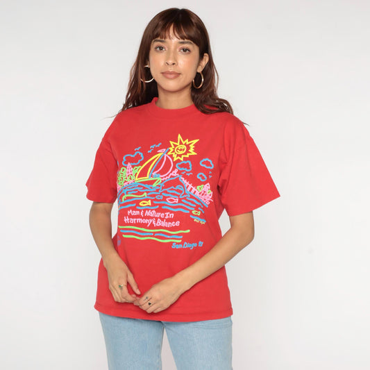 90s San Diego Graphic T-Shirt 1991 Neon Red Cotton Crewneck Medium