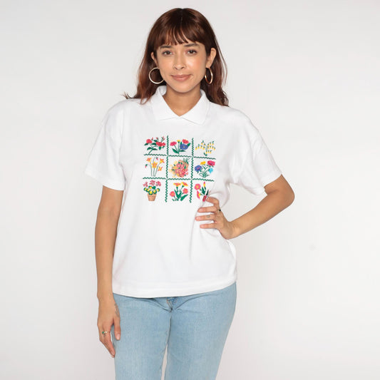 90s Jennifer Moore Petites Floral Embroidered Collared T-Shirt White Medium