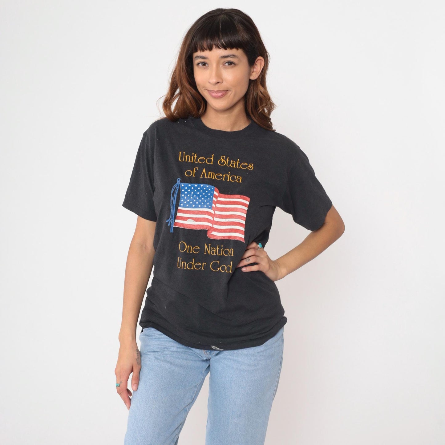 90s Hanes American Flag Graphic Tee Black Cotton Single Stitch Medium