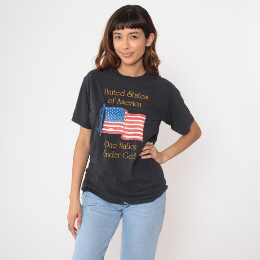 90s Hanes American Flag Graphic Tee Black Cotton Single Stitch Medium