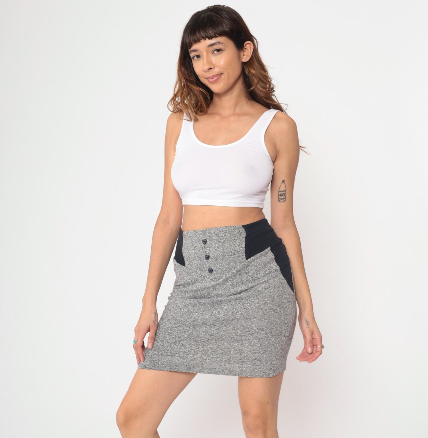 90s Grey Mini Skirt High Waist Heart Button Bodycon Small S