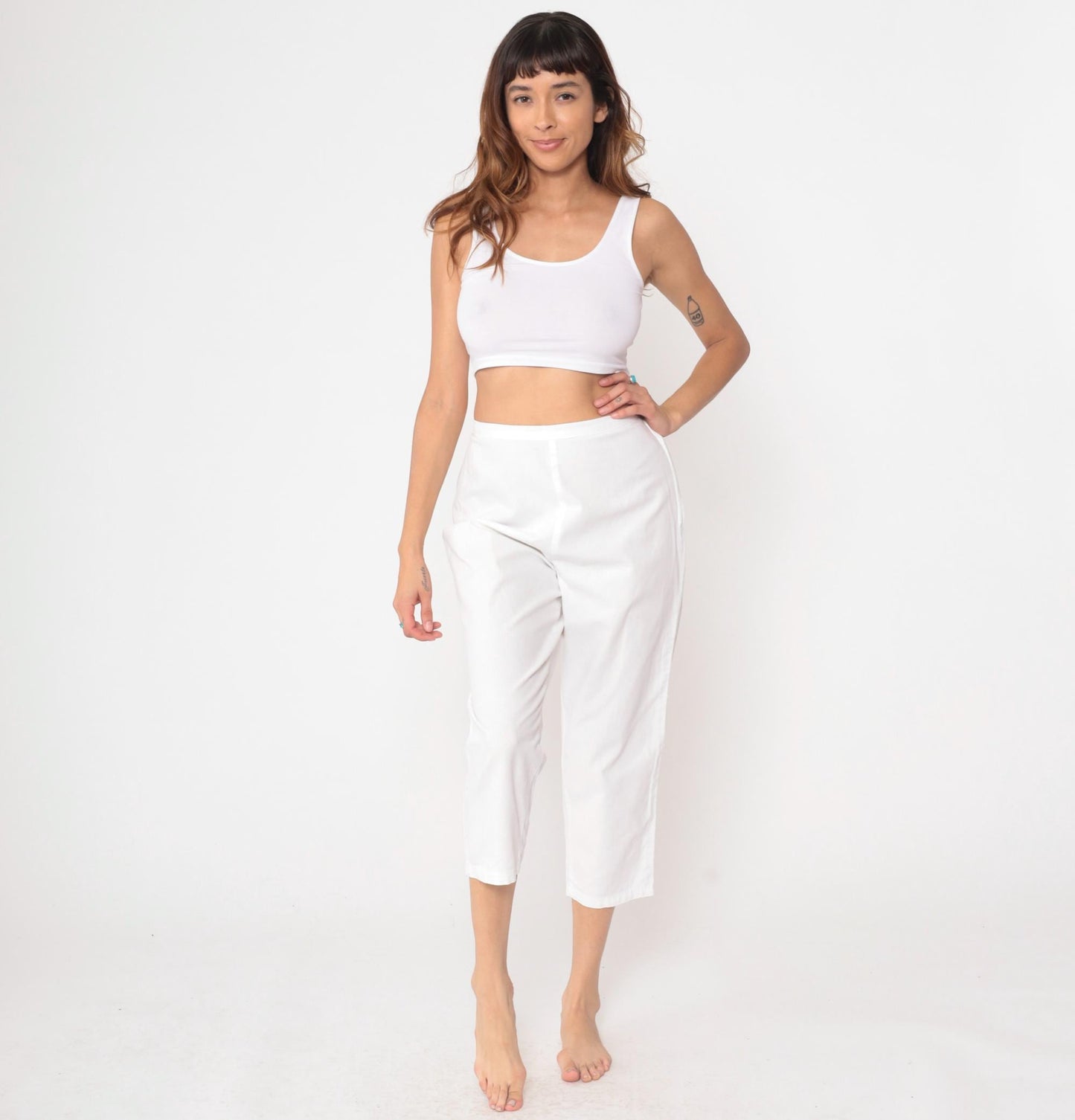 60s White High-Waisted Cropped Pants Cotton Straight Leg Small