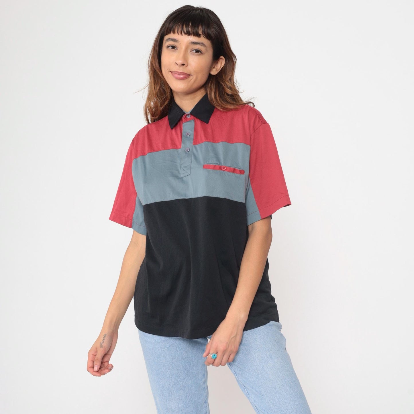 90s Color Block Polo Shirt Red Grey Black Horizontal Stripes Medium M