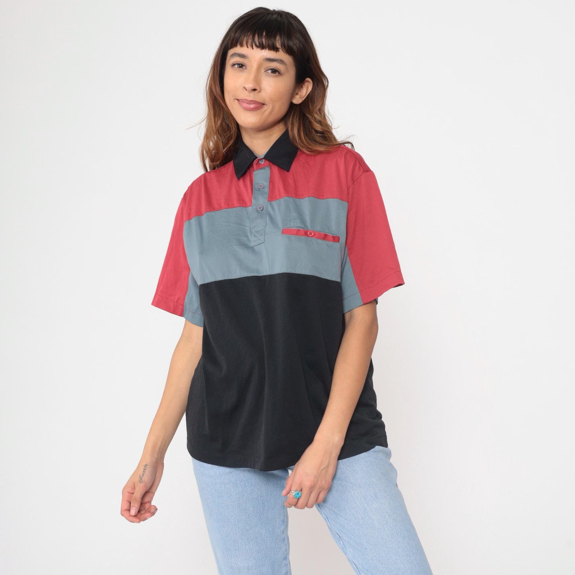 90s Color Block Polo Shirt Red Grey Black Horizontal Stripes Medium M