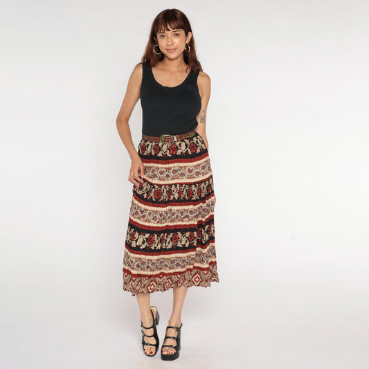 90s Black Floral Paisley Broomstick Midi Dress High Waist Sleeveless Medium