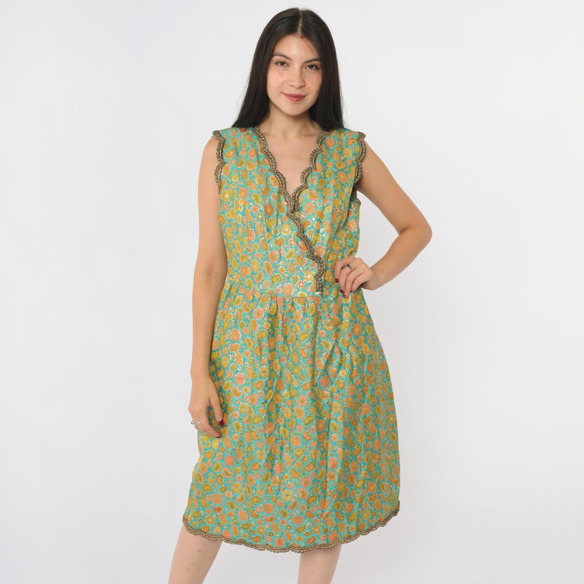 60s Oscar de la Renta Turquoise Brocade Dress Metallic Floral V Neck Small