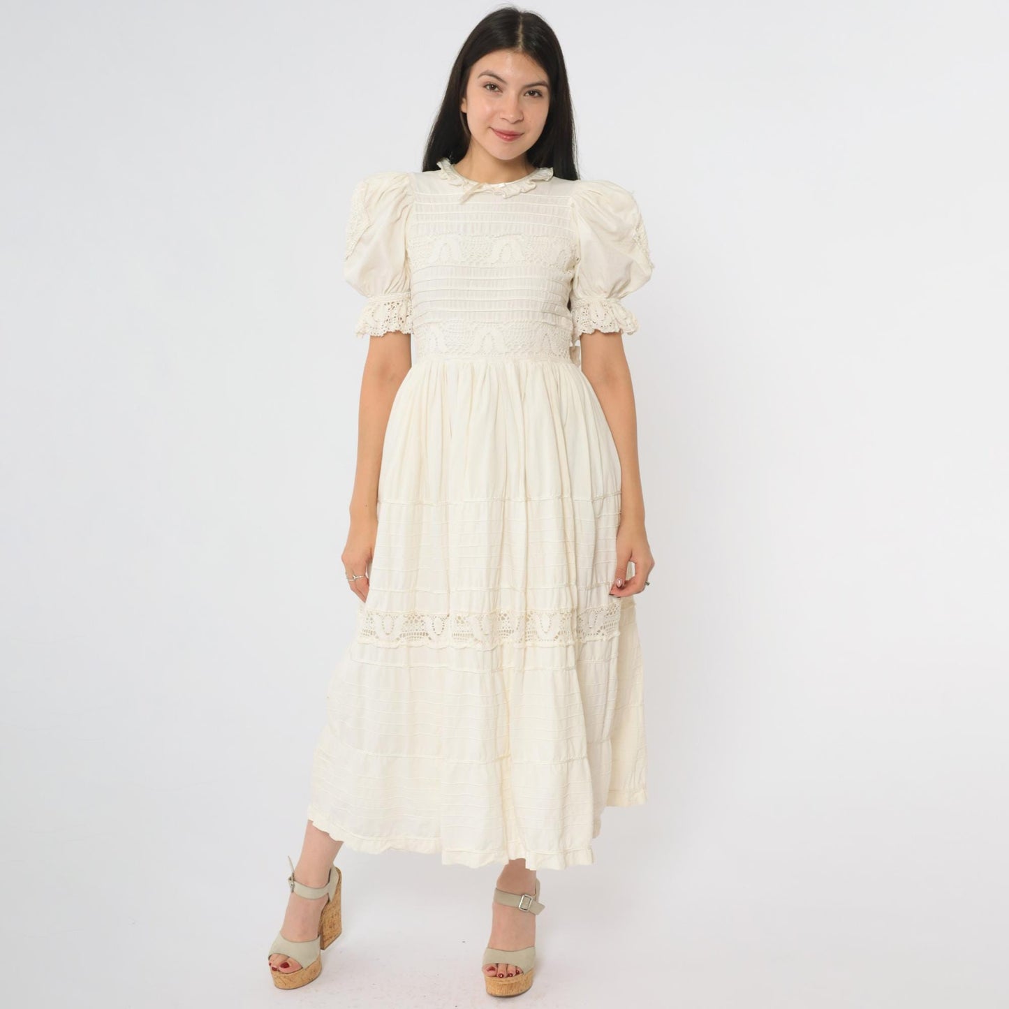 1980s Cream Lace Midi Dress Puff Sleeve Crochet Trim Ruffle Collar Extra Small XS