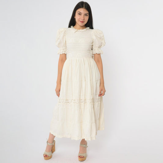 1980s Cream Lace Midi Dress Puff Sleeve Crochet Trim Ruffle Collar Extra Small XS