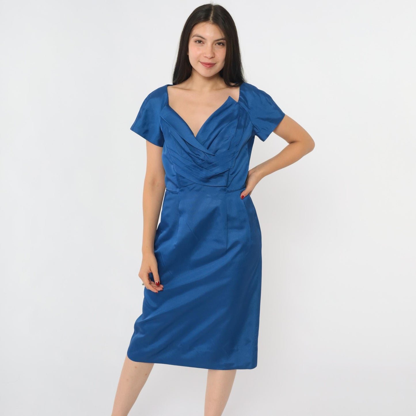 1960s Royal Blue Cocktail Dress Sculptural Neckline Midi Sheath Small S