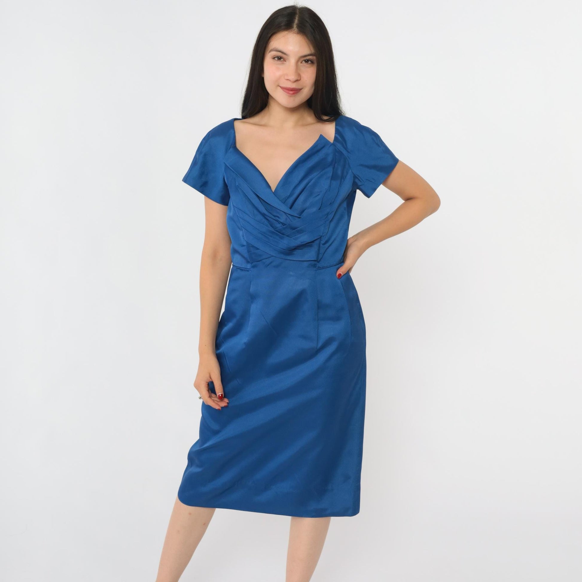 1960s Royal Blue Cocktail Dress Sculptural Neckline Midi Sheath Small S