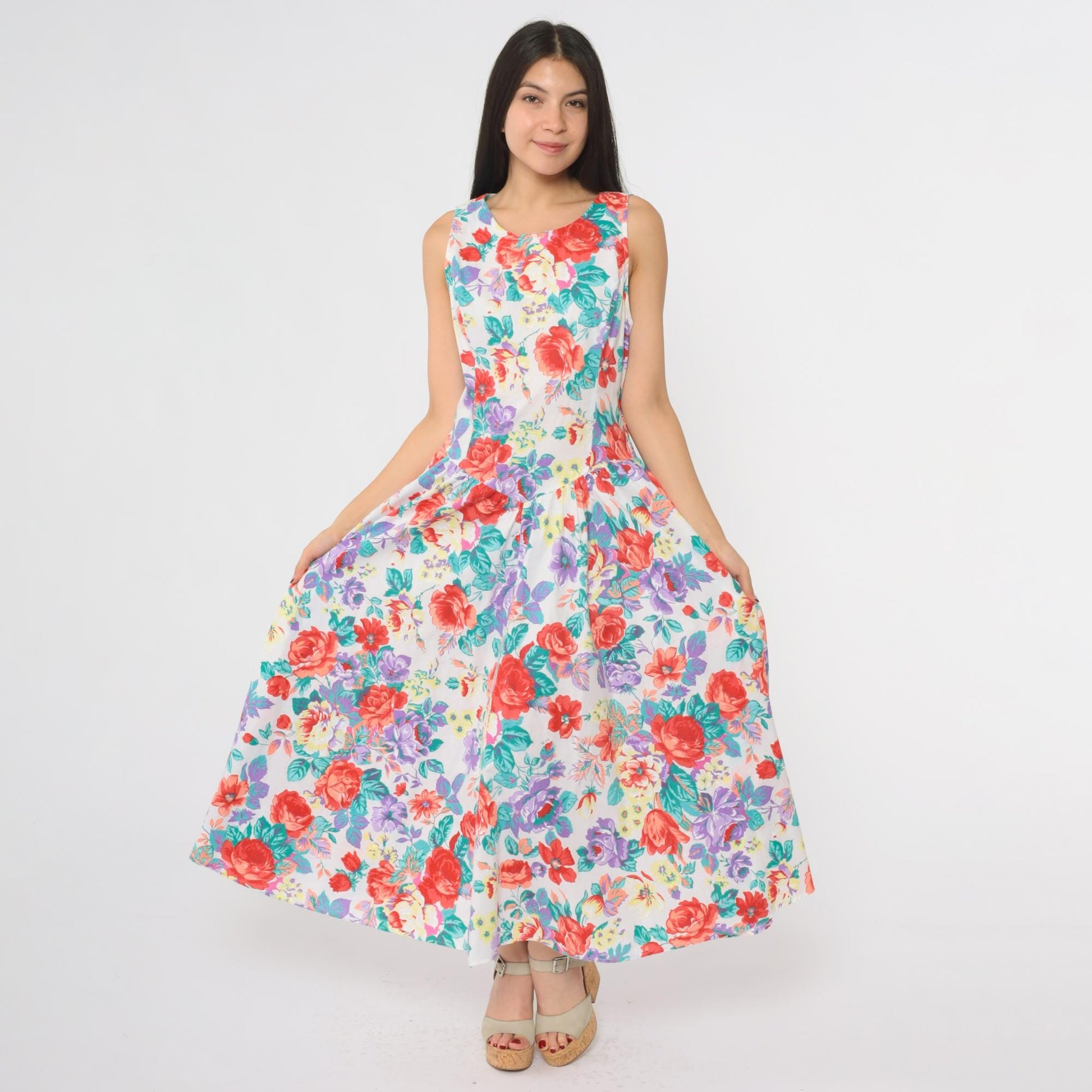 80s Eber San Francisco Floral Maxi Dress Sleeveless Tiered Skirt Medium