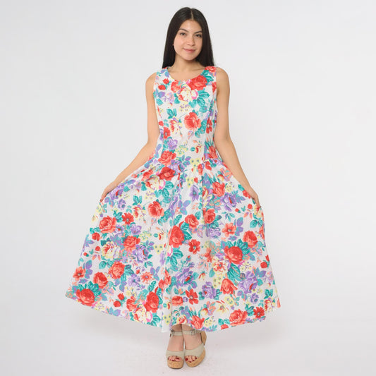 80s Eber San Francisco Floral Maxi Dress Sleeveless Tiered Skirt Medium