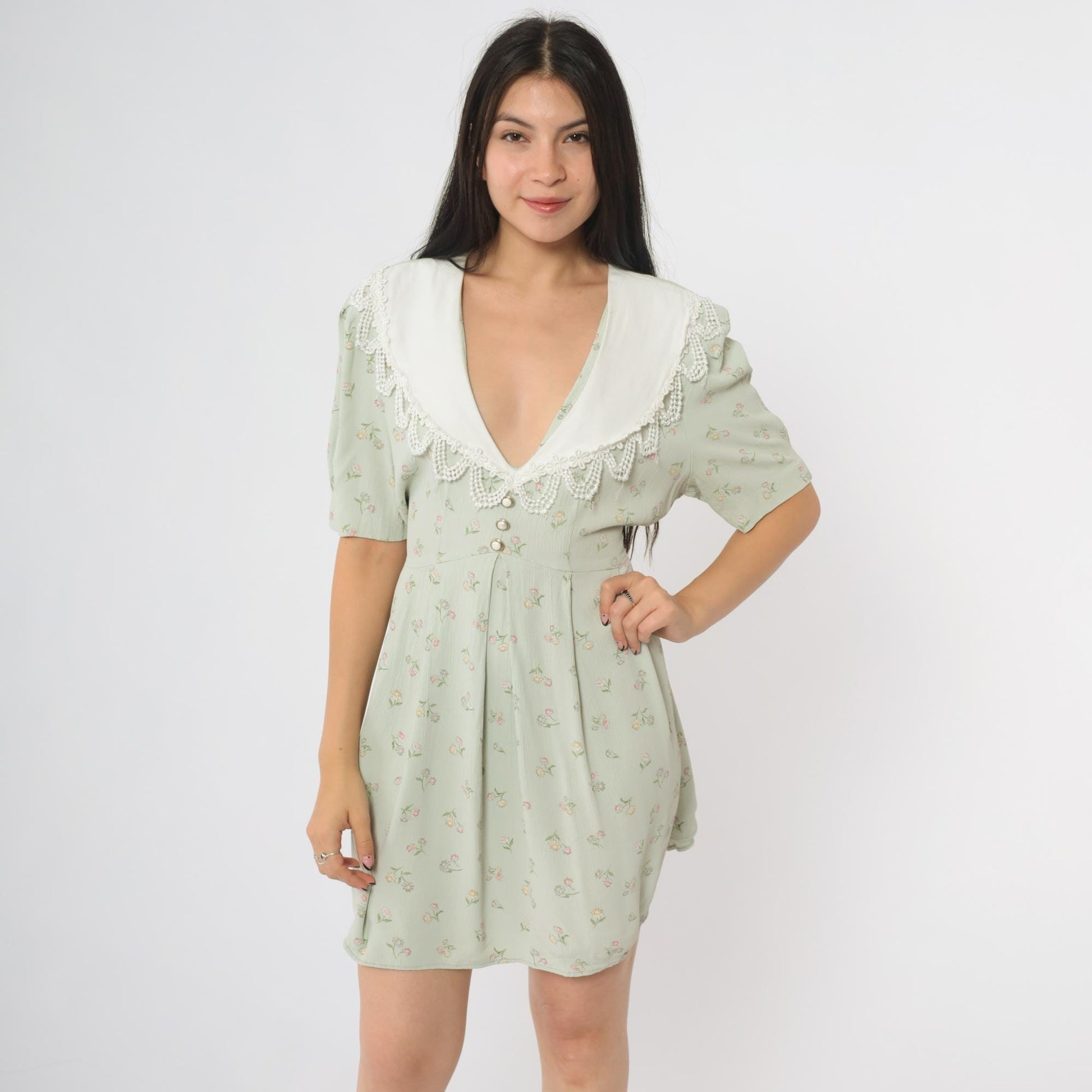 90s S.L. Fashions Sage Green Babydoll Dress Floral Lace Collar Puff Sleeves Large L