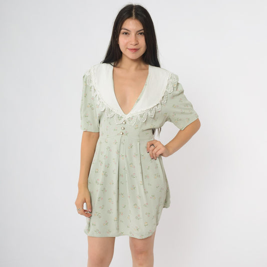 90s S.L. Fashions Sage Green Babydoll Dress Floral Lace Collar Puff Sleeves Large L