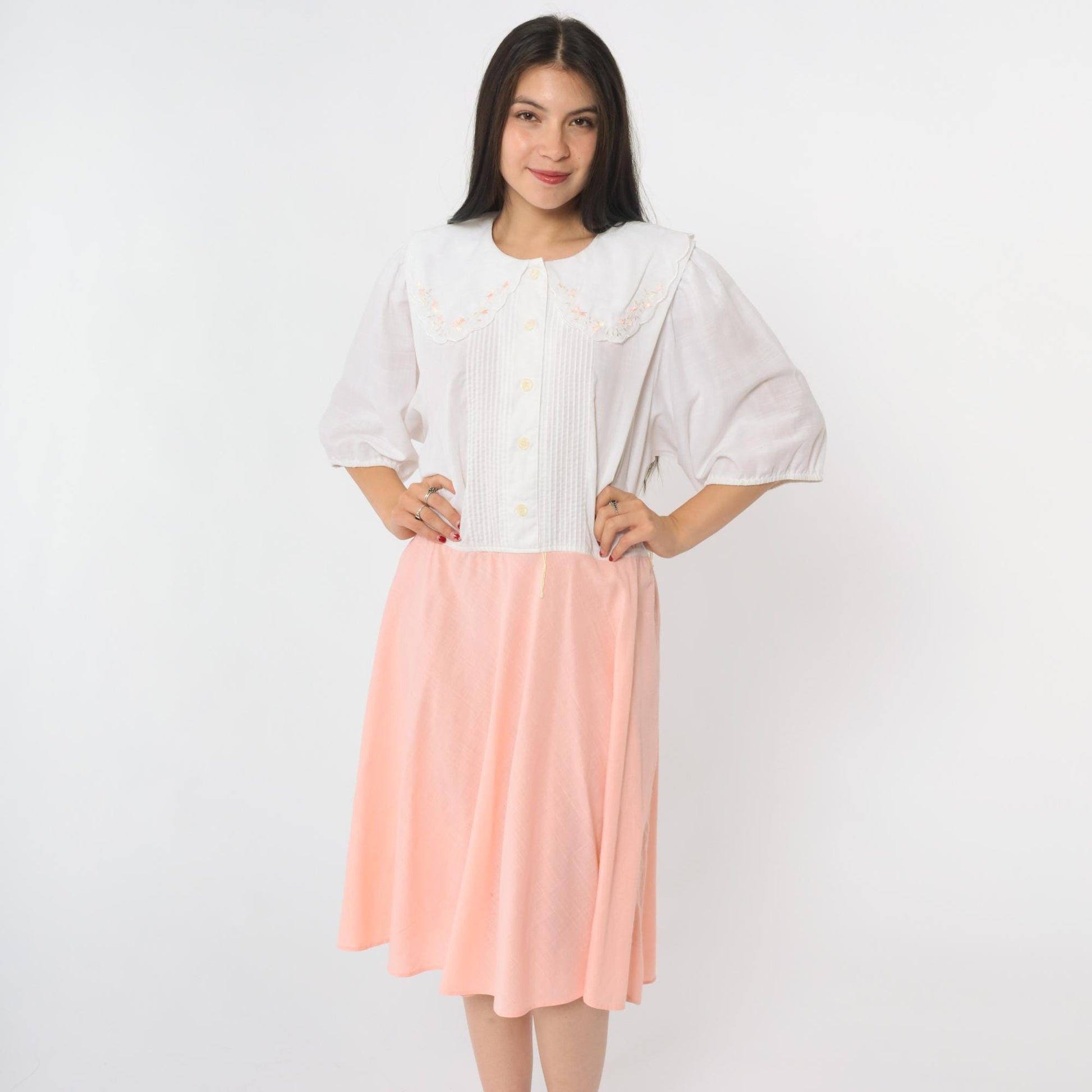 80s Leslie Fay Peter Pan Collar Midi Dress White Peach Floral Embroidered Extra Large