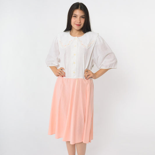 80s Leslie Fay Peter Pan Collar Midi Dress White Peach Floral Embroidered Extra Large