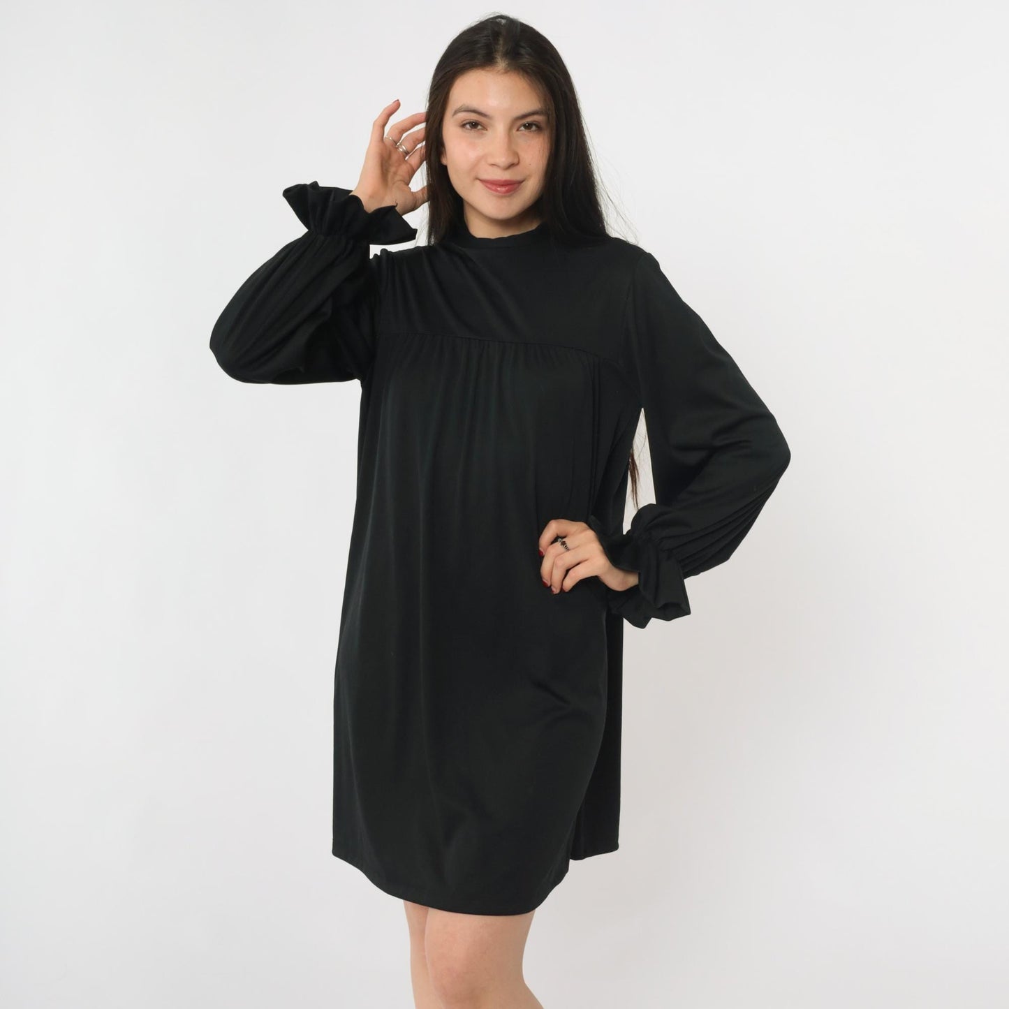 70s Black Tent Mini Dress Mock Neck Ruffled Long Sleeve Small