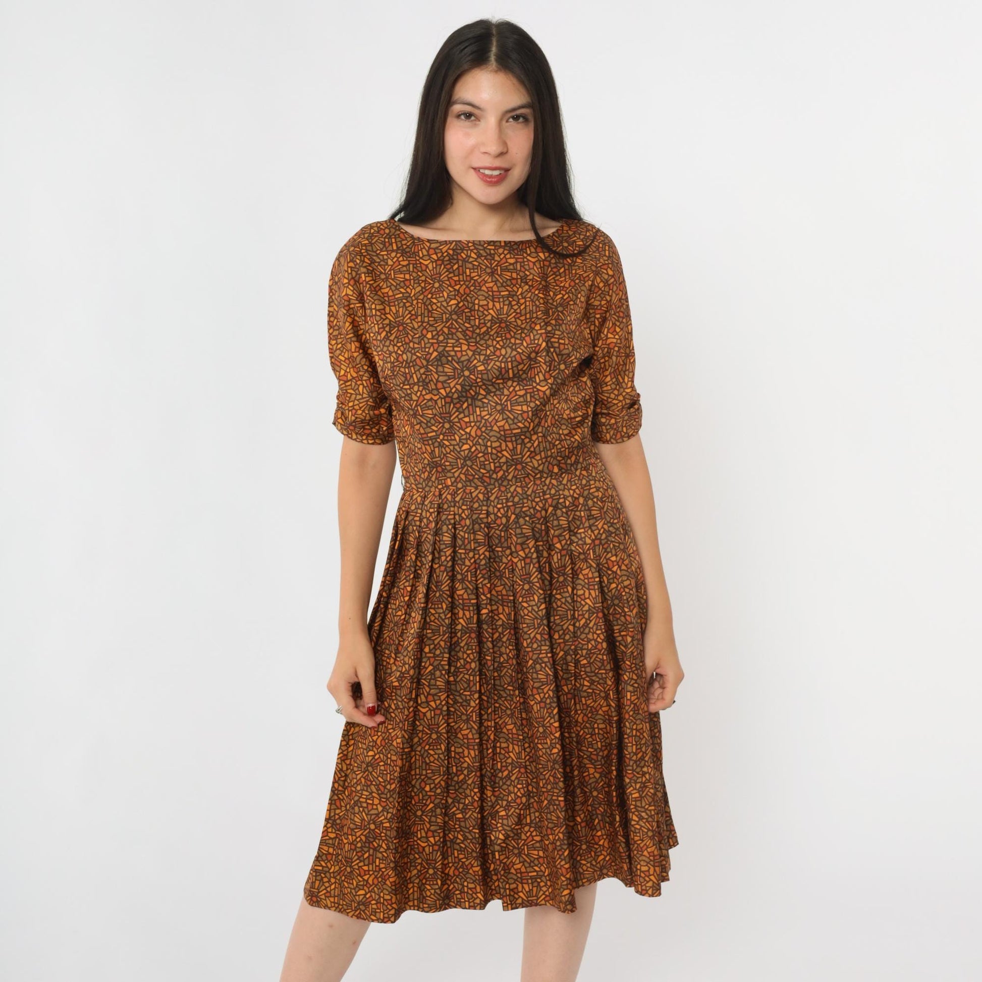 60s Geometric Mosaic Print Dress Brown Orange Bateau Neckline Midi Small