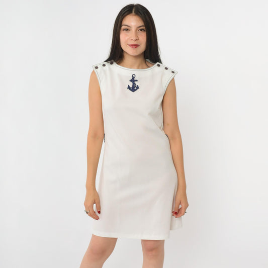 70s Caron Nautical Mini Dress Anchor Applique White Shift Sleeveless Small