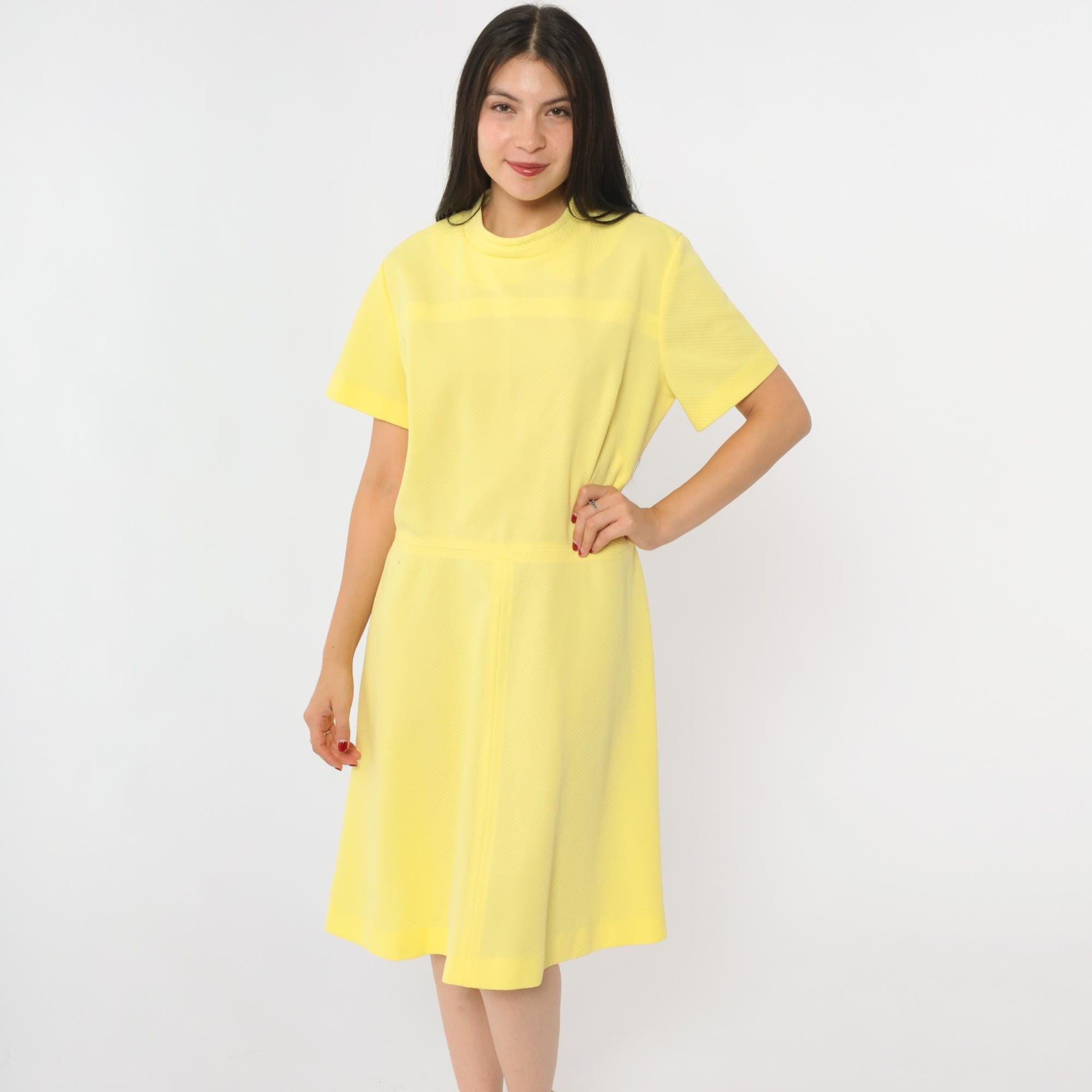 60s Yellow Mod Dress High Waist Ribbed Knit Knee Length Short Sleeve Large
