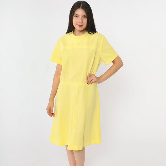 60s Yellow Mod Dress High Waist Ribbed Knit Knee Length Short Sleeve Large