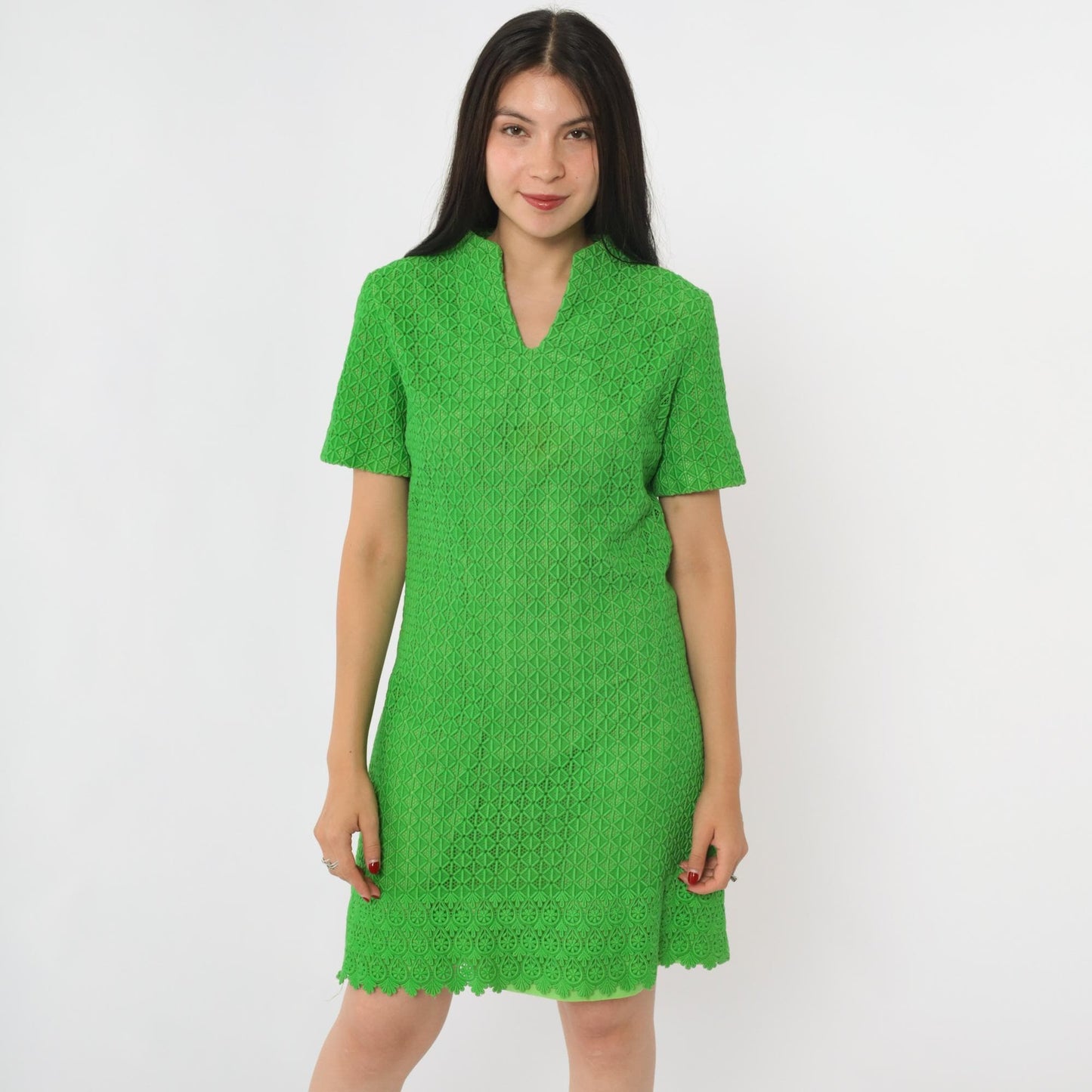 60s Green Guipure Lace Mod Mini Dress Geometric Embroidered V-Neck Small