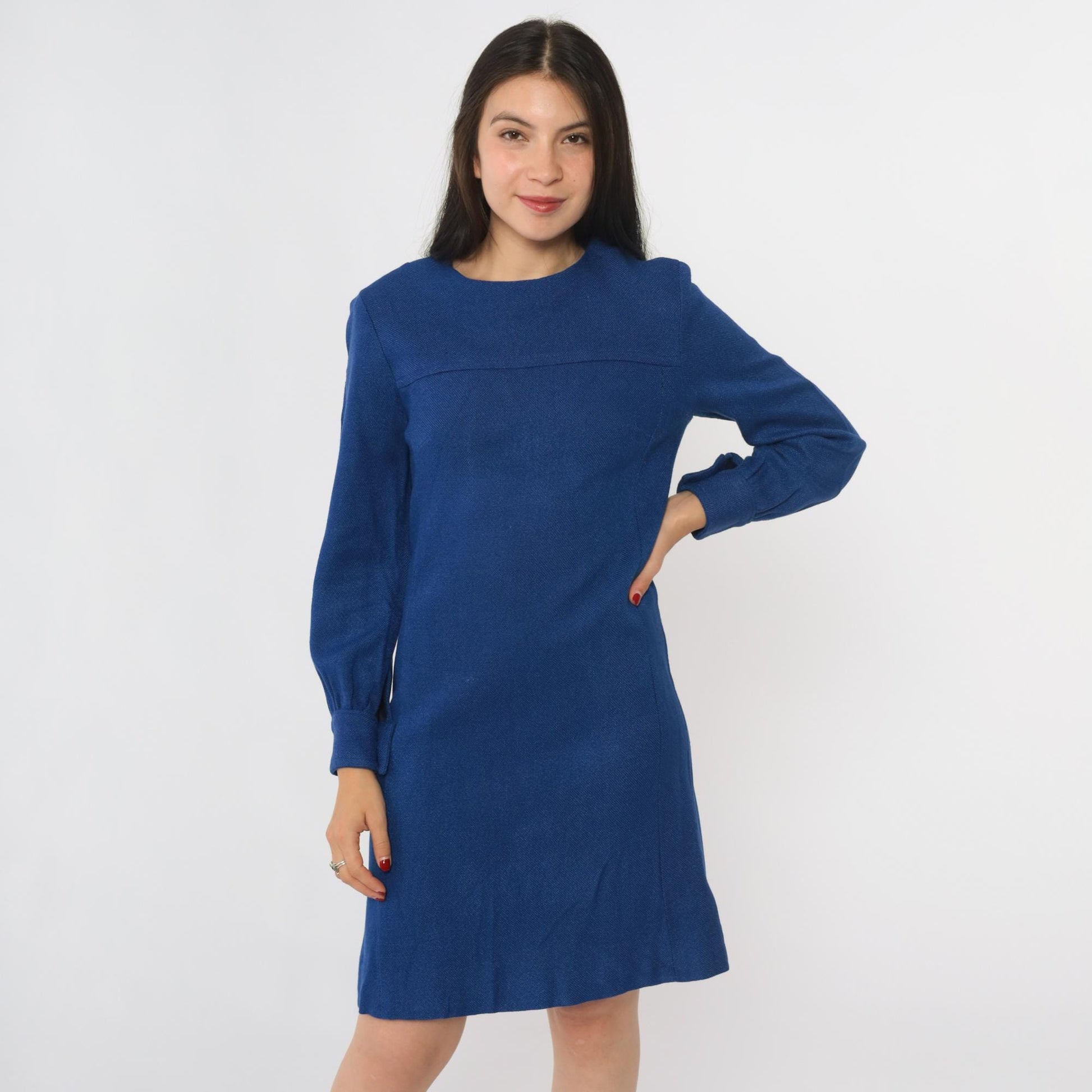 60s Blue Mod Shift Mini Dress Long Sleeve Rear Zip Extra Small