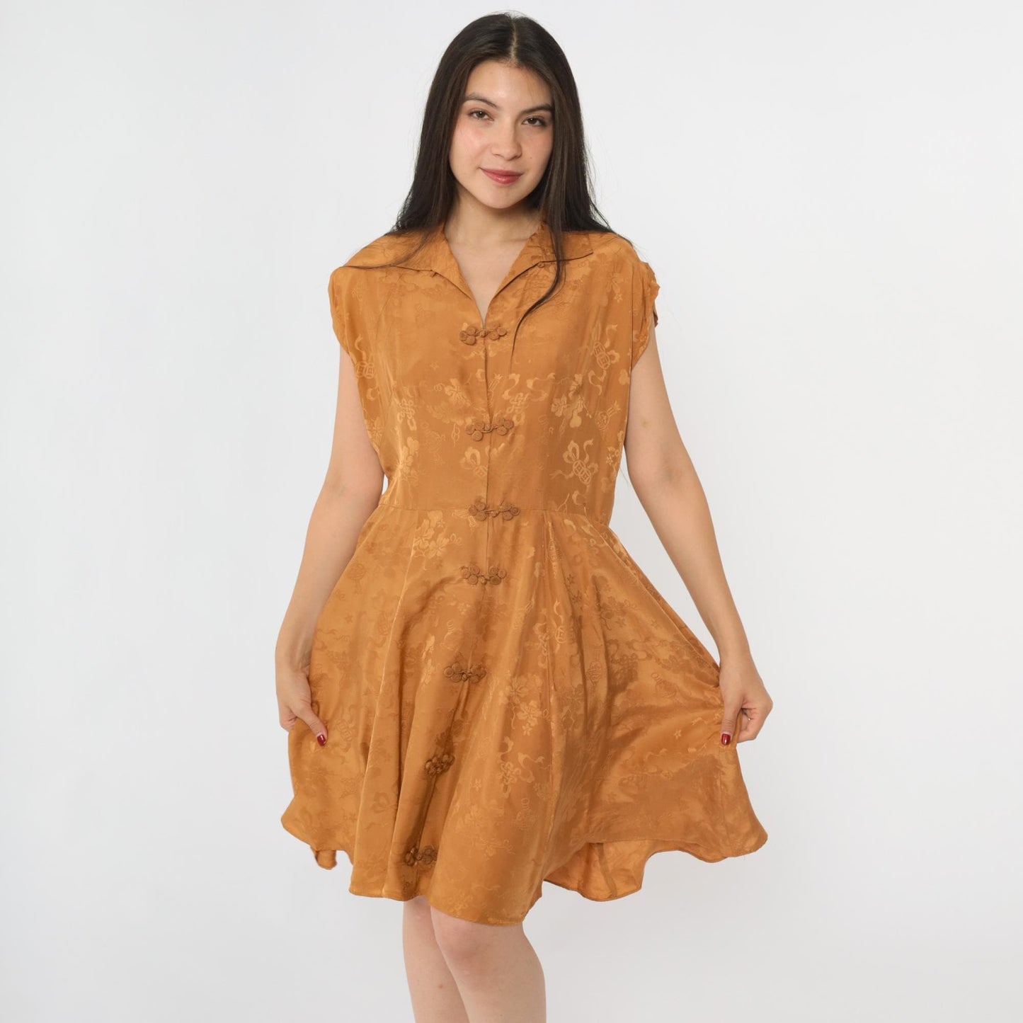 1950s Dynasty Silk Jacquard Dress Gold Asian Floral Cap Sleeve Fit Flare Medium