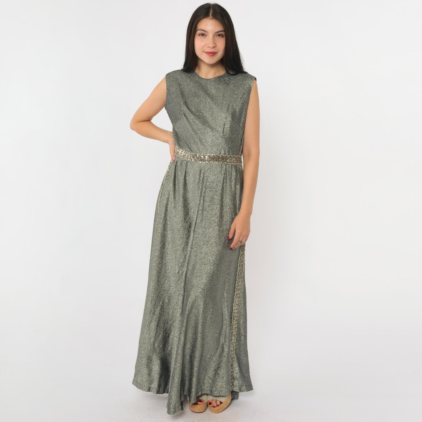 70s Silver Sequined Maxi Dress High Waisted Sleeveless Evening Gown Small