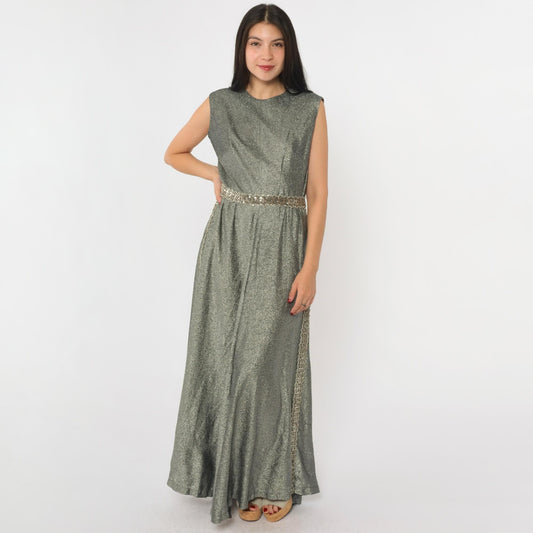 70s Silver Sequined Maxi Dress High Waisted Sleeveless Evening Gown Small