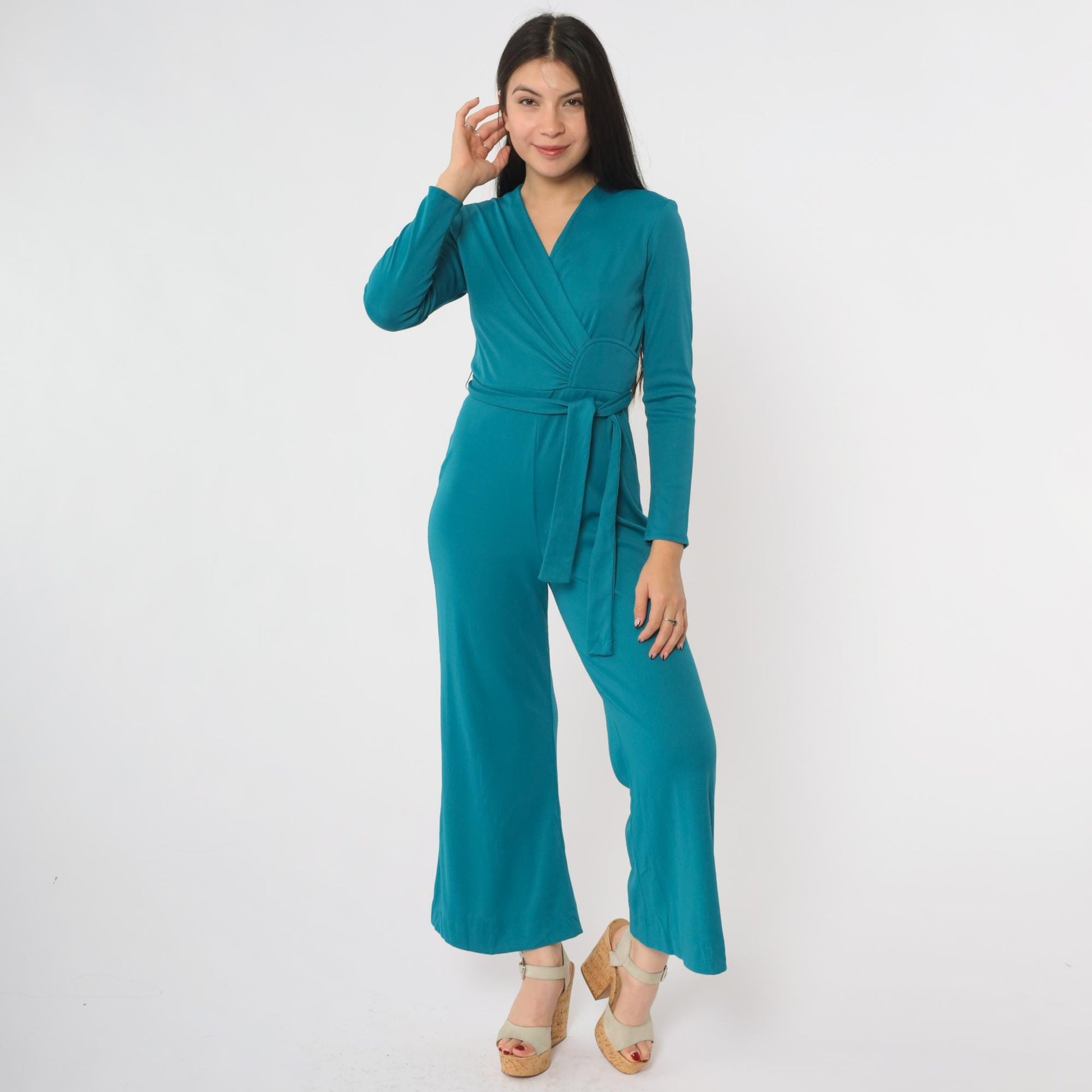 70s Turquoise Wrap Front Jumpsuit Bell Bottom Wide Leg V Neck Small