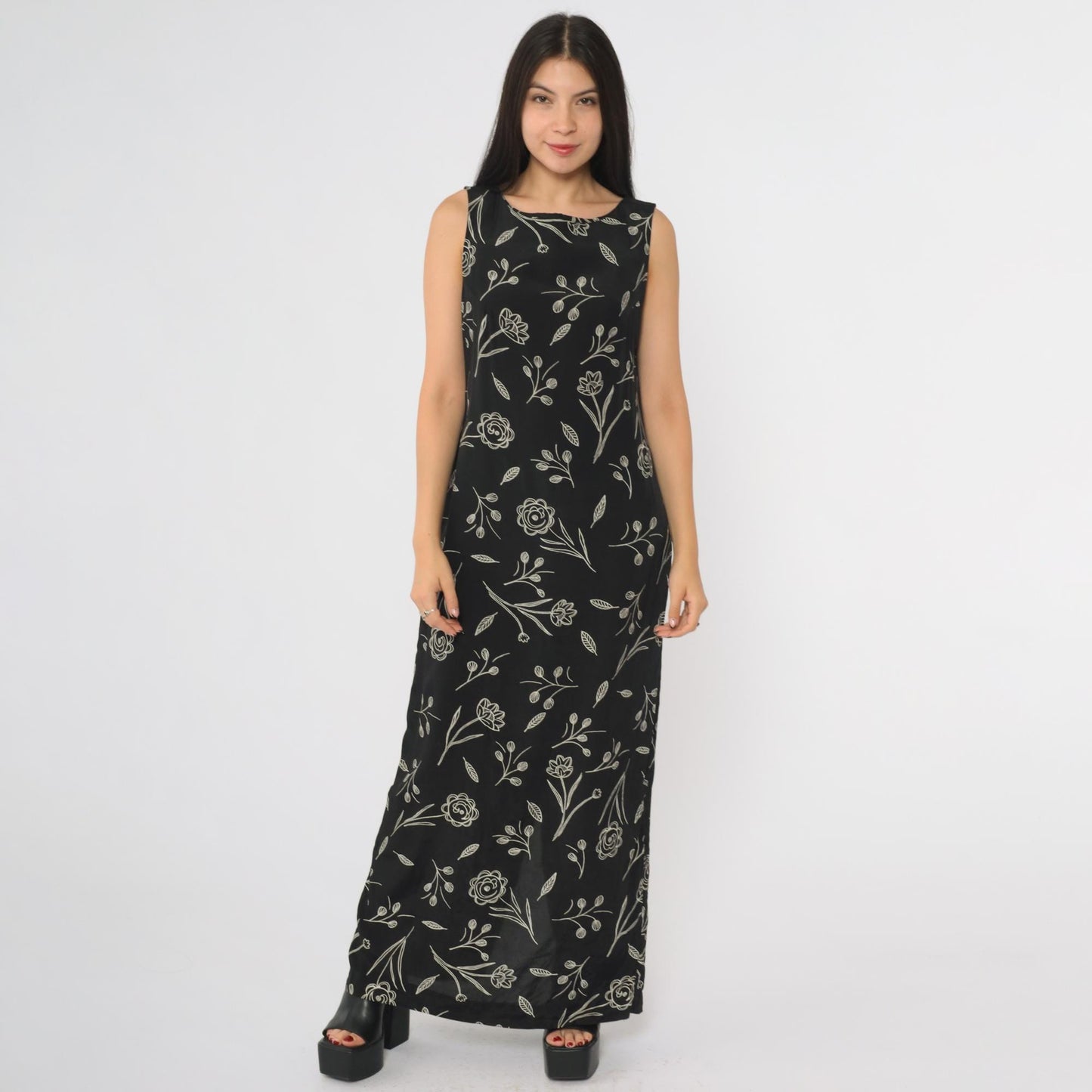 90s Campbell Black Maxi Dress Botanical Line Drawing Rayon Small