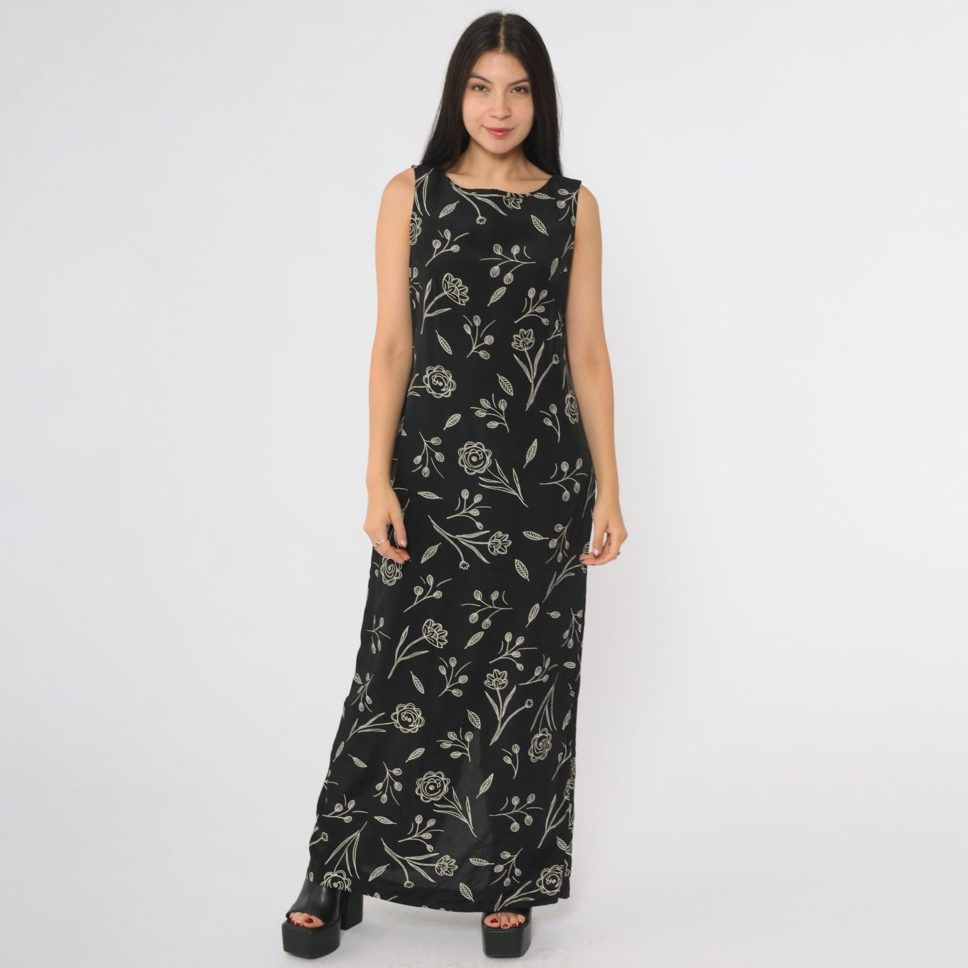 90s Campbell Black Maxi Dress Botanical Line Drawing Rayon Small