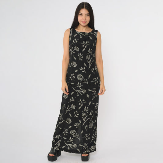 90s Campbell Black Maxi Dress Botanical Line Drawing Rayon Small