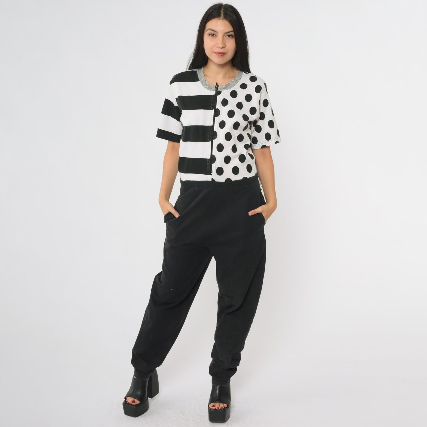 90s Black White Jumpsuit Mixed Print Polka Dot Stripes Front Zip Medium M